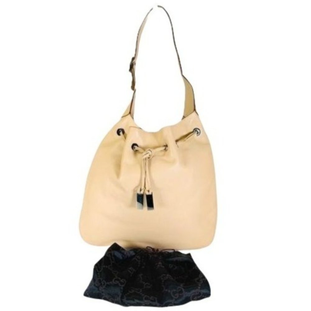 Authentic Gucci Shoulder bag Beige With Dust Leather Used GG Handbag Vintage